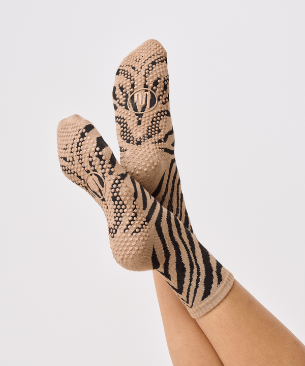 Black and white zebra print Crew Non Slip Grip Socks for fitness activities