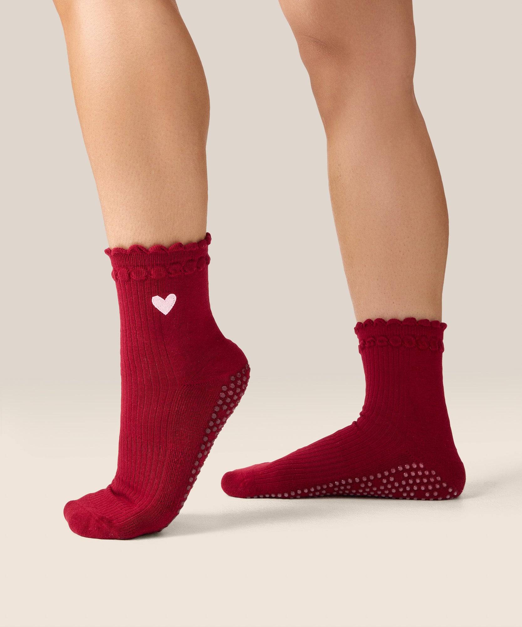 Crew Non Slip Grip Socks - Heart Ruffle Burgundy
