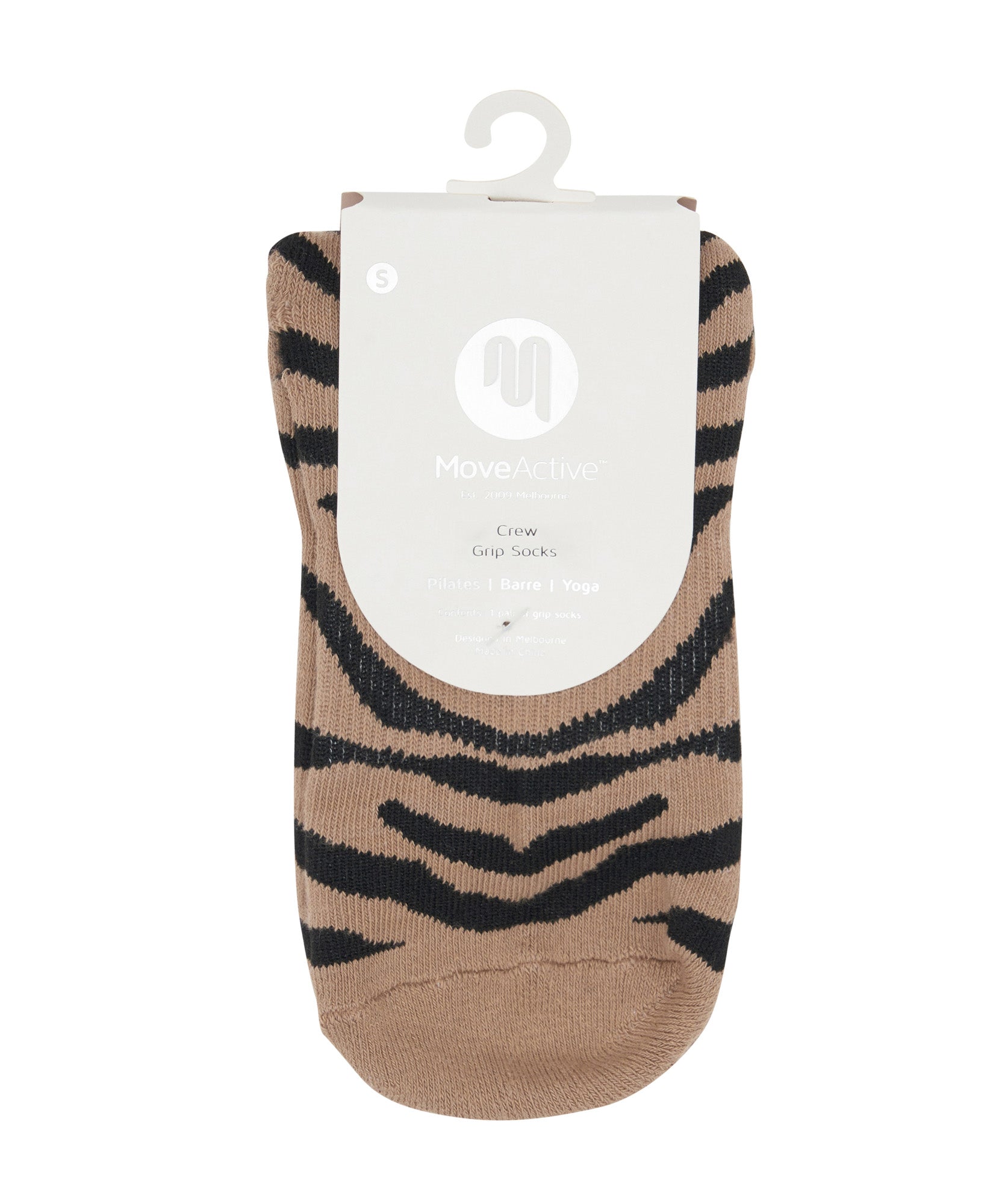 Comfortable and durable Crew Non Slip Grip Socks with a midnight zebra pattern