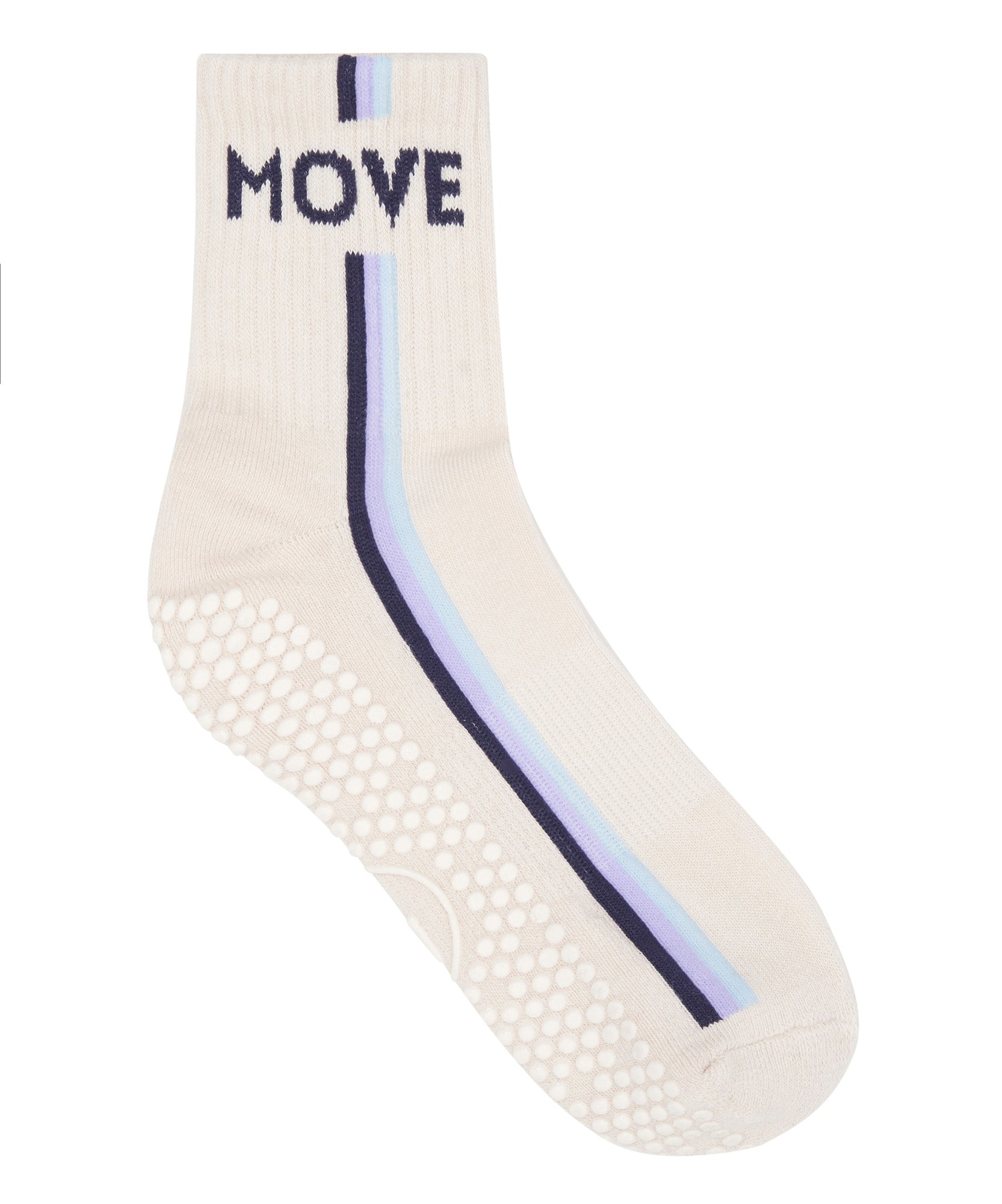 Woman wearing Crew Non Slip Grip Socks in Stellar Stripes Milk while exercising at the gym