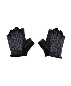 Pilates grip gloves with black cheetah print for stylish workout attire