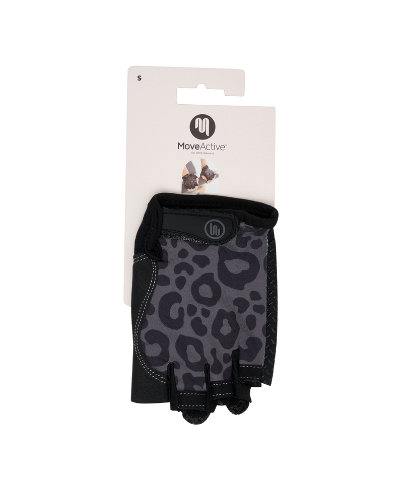 Pair of Pilates grip gloves with black cheetah pattern for added style