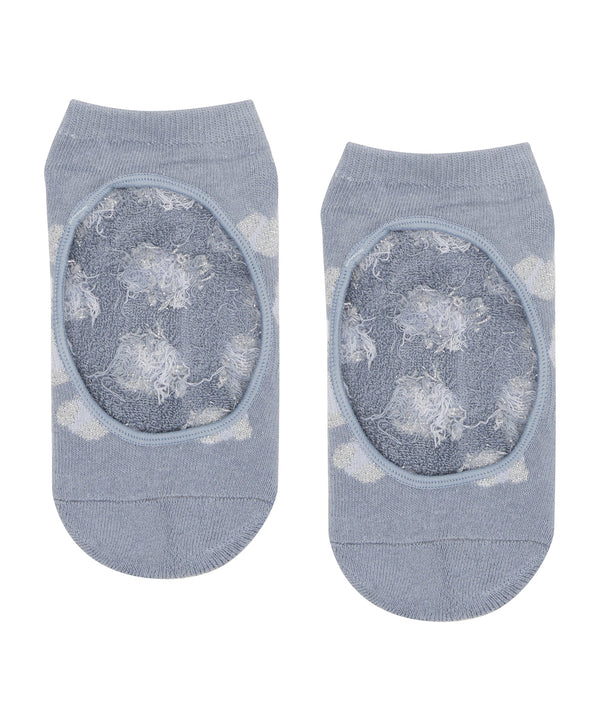 Slide On Non Slip Grip Socks - Silver ‘Sparkle’ Cheetah in Cloudy Blue