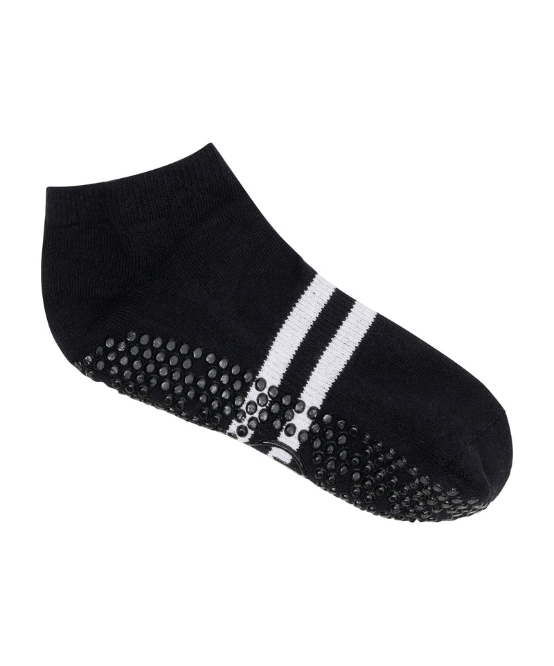 Black low rise grip socks with sporty stripe design for active lifestyle and exercise routine