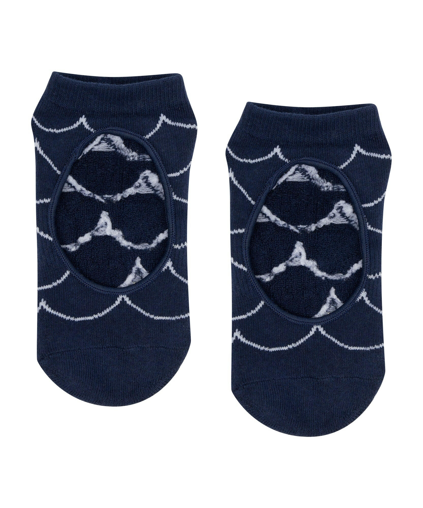 Close up of navy blue non-slip grip socks with scallop design