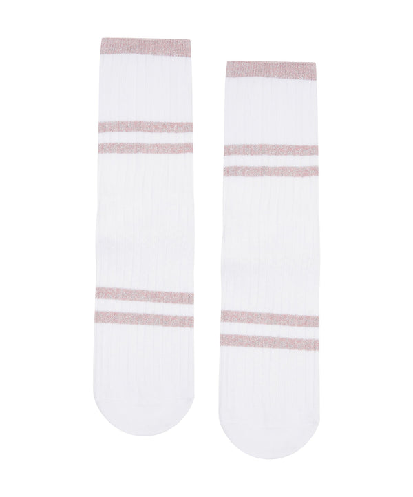 Lightweight Crew Non Slip Grip Socks - Ribbed Metallic Stripe in White/Rose