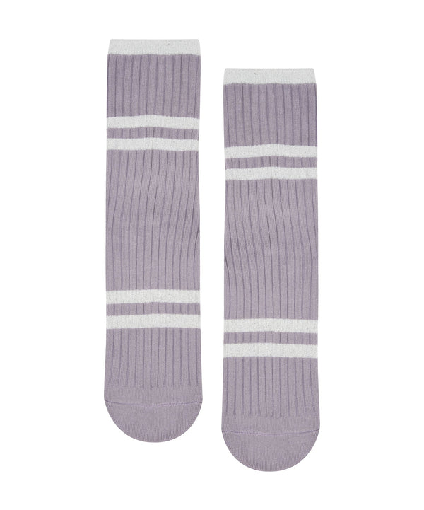 Lightweight Crew Non Slip Grip Socks - Ribbed Metallic Stripe in Purple Dove