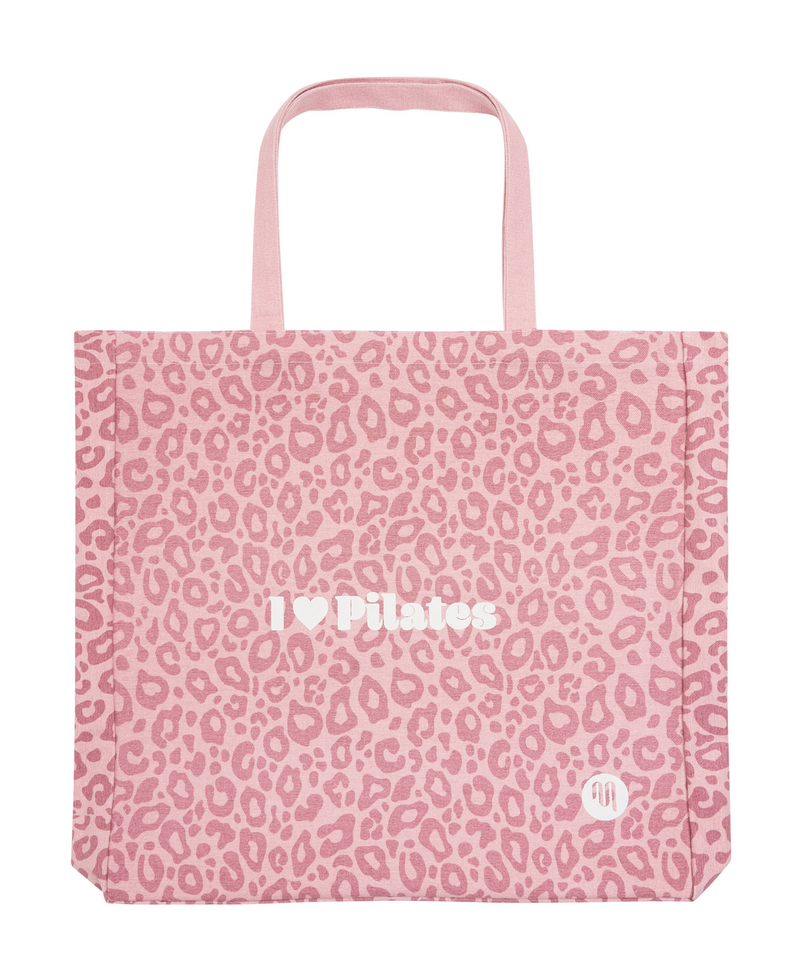 I Love Pilates Tote Bag in Dusty Pink Cheetah print, perfect for carrying your workout essentials in style