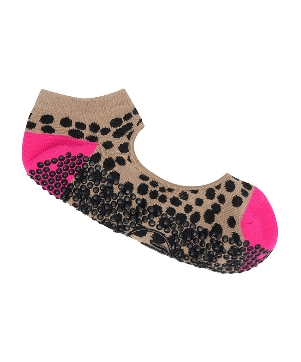 Slide On Non Slip Grip Socks - Tan & Neon Pink Spots